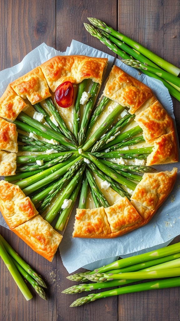 A savory asparagus galette with a flaky crust and filled with cheese and asparagus, sliced on a wooden table.